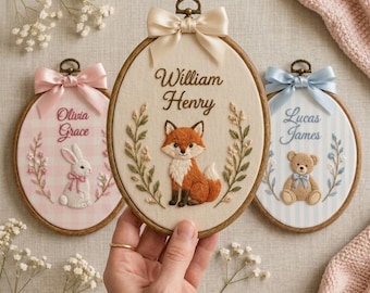 Embroidered  Custom Name Hoop, Personalized  Animal Nursery Sign With Bunny Bear Lamb Deer Fox, Baby Shower Gift,Floral Name Wall Decor