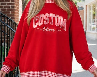 Embroidered Custom Unisex Gingham Mock Neck Sweatshirt, Personalized  Applique Name Pullover, Varsity Sweatshirt, Collegiate Patchwork Gift