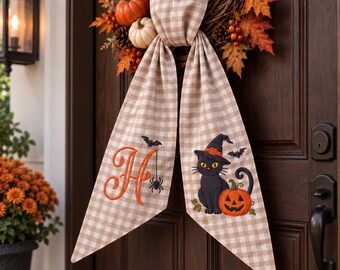 Personalized Black Cat Halloween Wreath Sash, Custom Monogram  Wreath Bow, Embroidered Witch Cat Door Sash, Pumpkin Spooky  Season Decor