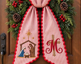 Personalized Nativity Christmas Wreath Sash, Embroidered Monogram Door Bow, Manger Scene, Christian Christmas Sash, Christian Holiday Decor