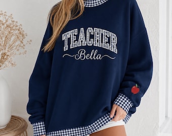 Personalized Teacher Gingham Mock Neck Sweatshirt, Embroidered Custom Name Appliqué Shirt, Teacher Lover Gift, Back To school Gift