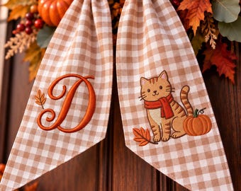 Embroidered Cat Pumpkin Wreath Sash, Custom Pet Portrait Wreath Bow,Personalized Monogram Door Bow,Pumpkin Thanksgiving Decor,Halloween Gift