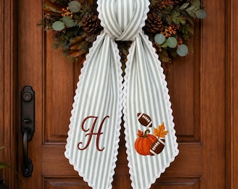 Personalized Football Wreath Sash, Embroidered Custom Pumpkin Door Sash, Cusom Monogram Bow,Fall Football Front Door Decor,Housewarming Gift