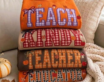 Personalized Autumn Teacher Applique Sweatshirt, Embroidered Custom Plaid Crewneck ,Bow Pumpkin Apple, Teacher Gift, Boutique Shirt