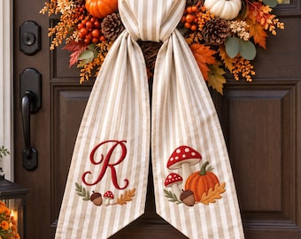 Embroidered Mushroom Pumpkin Wreath Sash, Personalized Monogram Fall Door Bow, Acorn Woodland Decor, Rustic Decor Harvest Decoration