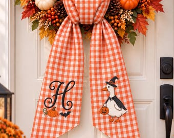 Personalized  Goose Halloween Wreath Sash, Funny Goose Trick or Treat Door Bow, Embroidered Custom Monogram Door Sash, Spooky Front Decor