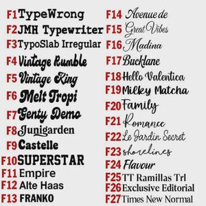 May include: A font selection chart featuring twenty-seven black text samples labeled F1 through F27. Each line displays a unique typeface name, including TypeWrong, JMH Typewriter, TypoSlab Irregular, Vintage Rumble, Vintage King, Melt Tropi, Genty Demo, Junigarden, Castelle, SUPERSTAR, Empire, Alte Haas, FRANKO, Avenue de, Great Vibes, Madina, Bucklane, Hello Valentica, Milky Matcha, Family, Romance, Le Jardin Secret, shorelines, Flavour, TT Ramillas Trl, Exclusive Editorial, and Times New Normal.