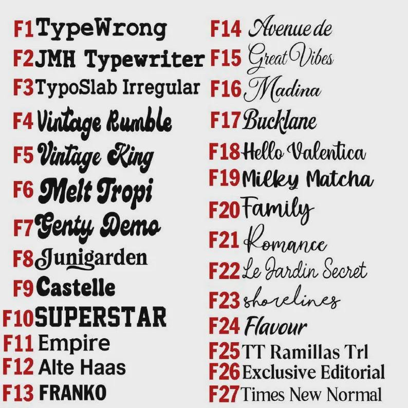 May include: A font selection chart featuring twenty-seven black text samples labeled F1 through F27. Each line displays a unique typeface name, including TypeWrong, JMH Typewriter, TypoSlab Irregular, Vintage Rumble, Vintage King, Melt Tropi, Genty Demo, Junigarden, Castelle, SUPERSTAR, Empire, Alte Haas, FRANKO, Avenue de, Great Vibes, Madina, Bucklane, Hello Valentica, Milky Matcha, Family, Romance, Le Jardin Secret, shorelines, Flavour, TT Ramillas Trl, Exclusive Editorial, and Times New Normal.