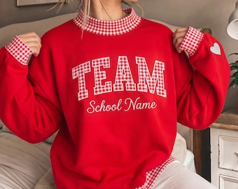 Personalized Gingham Mock Neck Sweatshirt, Custom College Team Applique, Embroidered School Name, Unisex School Spirit Gift, Game Day
