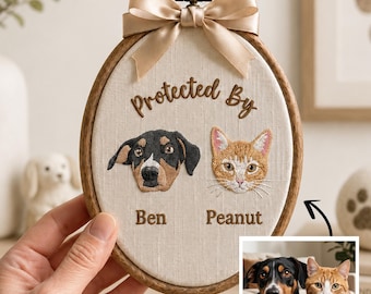 Embroidered Custom Dog Portrait Hoop, Protected By Dog Cat Nursery Wall Decor, Personalized Pet Name Sign, Handmade Gift, Housewarming Gift
