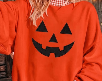 Personalized Halloween Gingham Mock Neck Sweatshirt, Embroidered Pumpkin Face Shirt,Custom Halloween Face Crewneck,Cute Spooky Pumpkin Shirt