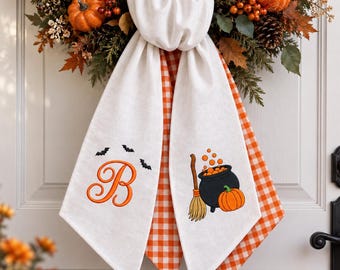 Personalized Halloween Wreath Sash, Embroidered Witch Cauldron Door Bow, Custom Monogram Sash, Spooky Pumpkin Fall Door Decor, Witch Gift
