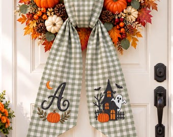 Personalized  Halloween Haunted House Wreath Sash, Ghost Halloween Door Sash, Embroidered Custom Monogram Door Bow, Spooky Door Decor