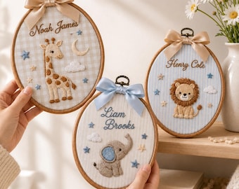 Personalized Safari Name Hoop, Embroidered Giraffe Lion Elephant Nursery Wall Art, Custom Animal Name Sign, Newborn Gift, Baby Shower Gift