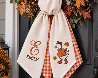 Embroidered Goose Wreath Sash, Custom Monogram Door Bow, Thanksgiving Decor, Nursery Door Decor, Anouncement Gift, First Thanksgiving Gift