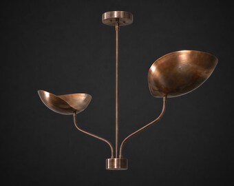 Modern Brass Chandelier, Sculptural 2-Arm Pendant Light, Mid-Century Ceiling Fixture