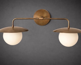 Mid Century Modern Double Wall Sconce, Antique Brass Globe Light Fixture