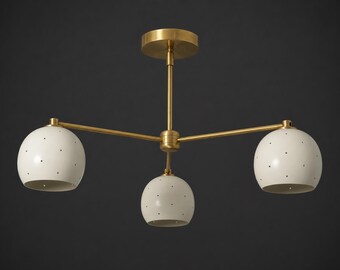 Solid Brass Semi Flush Mount 3 Light Ceiling Fixture, Mid-Century Modern Globe Lighting