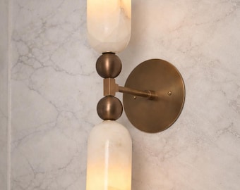 Modern Alabaster Wall Sconce, Brass Double Light Fixture, Luxury Wall Lamp, Minimalist Lighting