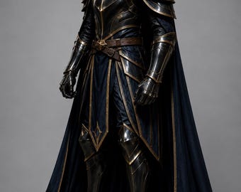 May include: A full suit of black and gold armor featuring a polished helmet, layered shoulder pauldrons, gauntlets, and greaves. The armor is worn over a dark blue tunic and includes a long, matching dark blue cape with gold trim and a brown belt.