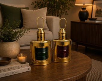 Set of 2 Nautical Solid Brass Port Lanterns, 10” Marine Lamps, Vintage Maritime Tabletop Decor, Coastal Ship Lantern Gift