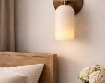 Modern Brass Wall Sconce, Alabaster Glass Shade, Minimalist Bedside Lamp