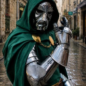 May include: A metallic silver mask with rivets and a dark green hooded cloak. The costume includes articulated silver gauntlets on the arms, a gold chain clasp connecting the cloak at the shoulders, and a brown leather belt around the waist.