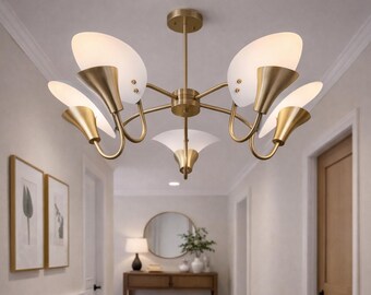 Italian Brass Sputnik Chandelier | Mid-Century Modern 5-Arm Ceiling Light