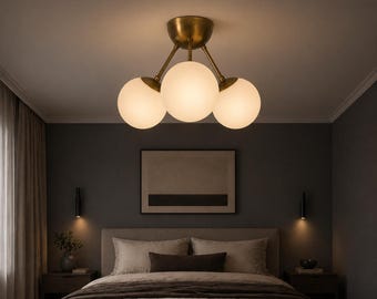 Three Globe Brass Flush Mount Ceiling Light, Mid Century Modern Glass Fixture