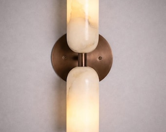 Modern Alabaster Double Light Sconce, Brushed Brass Wall Lamp Fixture