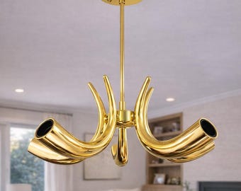 1950s Italian Brass Chandelier | Cornucopia 5-Arm Mid Century Modern Horn Ceiling Light Fixture