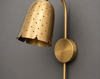 Mid Century Modern Brass Wall Sconce, Stilnovo Style Perforated Shade Light Fixture, Modern Brass Bedside Wall Lamp