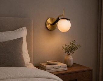 Set of 2 Italian Brass Sconces | Mid Century Modern Opaline Glass Globes