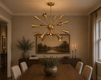 16-Light Brass Sputnik Chandelier, Mid Century Modern Ceiling Light, Solid Brass Fixture