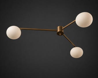 Mid Century Brass 3 Globe Ceiling Light, Modern Chandelier, Frosted Glass Pendant