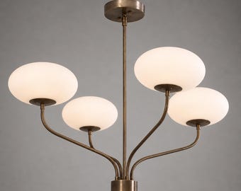 Mid Century Modern Brass Chandelier, 4 Globe Pendant Light, Opal Glass Ceiling Fixture, Modern Hanging Lamp, Vintage Style Decor