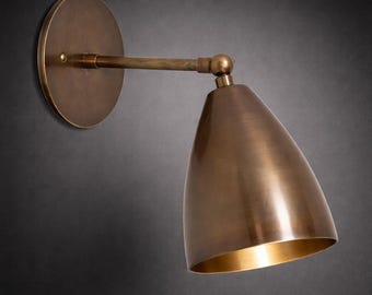 Vintage Brass Wall Sconce, Adjustable Arm Cone Shade Light, Mid Century Fixture
