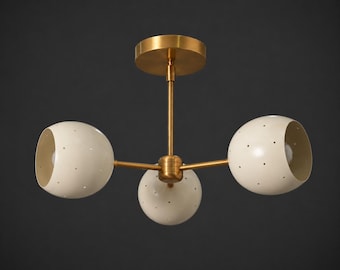 Semi Flush Mount Ceiling Light, 3-Light Brass Fixture, White Globe Shade, Mid-Century Modern Lighting
