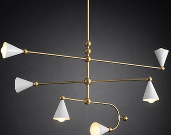 Mid Century Modern 6 Arm Brass Sputnik Chandelier – Stilnovo Inspired Cone Shade Ceiling Light