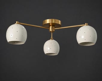 Flush Mount 3 Arm Ceiling Light, Raw Brass Sputnik Fixture, Mid Century Globe Lamp