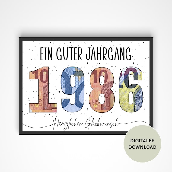 Geldgeschenk zum 40. Geburtstag zum ausdrucken, 1986, Geburtstagskarte, Wunscherfüller, Last Minute Geschenk, PDF Download sofort verfügbar