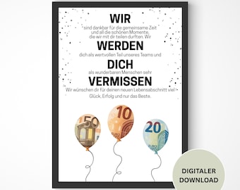 Geldgeschenk zum ausdrucken, Abschiedsgeschenk Kollegen, Abschied zur Rente, Jobwechsel, Last Minute Geschenk, PDF Download sofort verfügbar