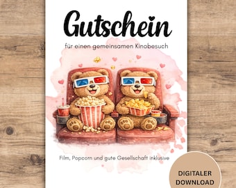 Gutschein Kino zum Ausdrucken, Gutschein zum Valentinstag, Kinogutschein, Einladung Kino, Last Minute Geschenk,Descarga PDF sofort verfügbar