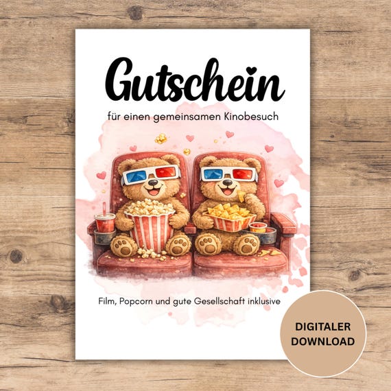 Gutschein Kino zum Ausdrucken, Gutschein zum Valentinstag, Kinogutschein, Einladung Kino, Last Minute Geschenk,PDF Download sofort verfügbar