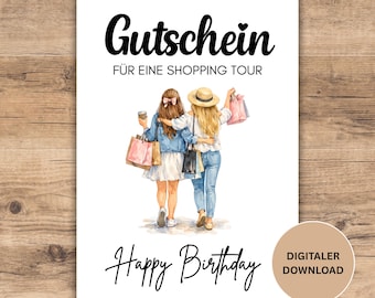 Gutschein für eine Shoppingtour zum Geburtstag, Gutschein Geburtstag Freundin, Einladung, Last Minute Geschenk, Download sofort verfügbar