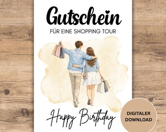 Gutschein für eine Shoppingtour zum Geburtstag, Gutschein Geburtstag Freundin, Einladung, Last Minute Geschenk, Descargar sofort verfügbar