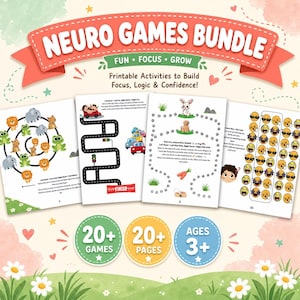 May include: A Neuro Games Bundle printable activity set featuring four pages with colourful illustrations of animals, cars, and emojis. The header text reads Neuro Games Bundle, Fun, Focus, Grow, and Printable Activities to Build Focus, Logic & Confidence.