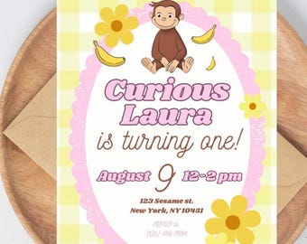 May include: A birthday invitation with a yellow gingham background and a pink scalloped oval. The invitation features the text "Curious Laura is turning one!" with the date and time. A cartoon monkey and yellow flowers decorate the invitation.