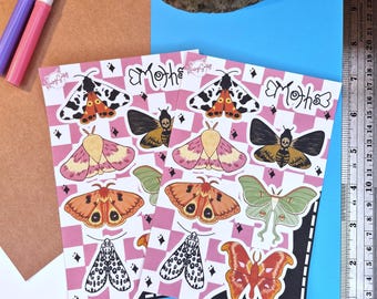 Moths Sticker Sheet : Journal | Scrapbook | Penpal | Planners | Paper Stickers | Human Made | Bug Stickers | Insects Stickers