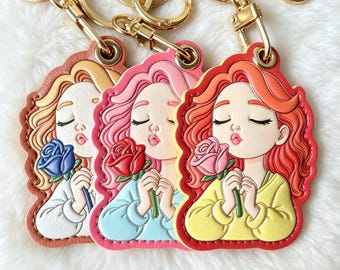 Cartoon Rose Girl Bag Charm, Personalized Name AirTag Keychain – A Birthday Gift for Her
